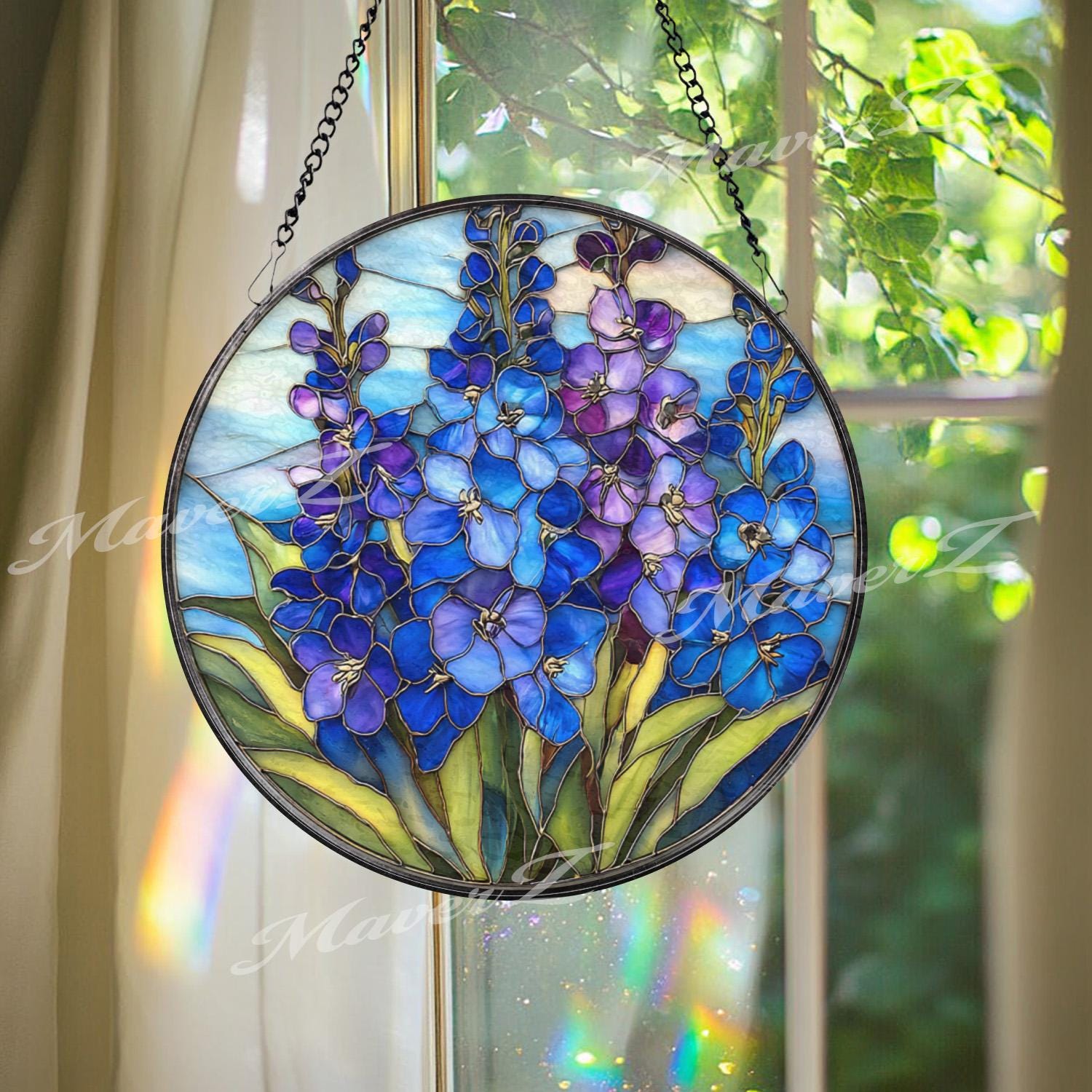 Delphinium Stained Glass Suncatcher, Round Blue Floral Window