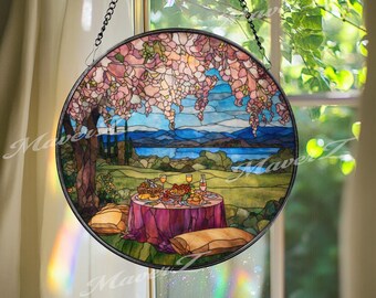 Picnic Landscape Stained Glass Suncatcher: Spring Cottage Decor