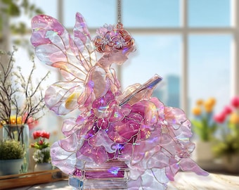 Atrapasueños acrílico de hada, hada lectora con libros estilo vidriera, alas rosas para colgar en la ventana, regalo de decoración fantástica para el hogar