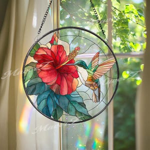 Hummingbird & Hibiscus Suncatcher: Tropical Flower Window Decor