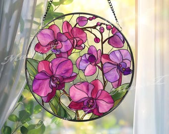 Orchid Stained Glass Suncatcher, Round Pink and Purple Flower Window Panel, Elegant Floral Glass Art Home Decor Gift for Garden Lovers