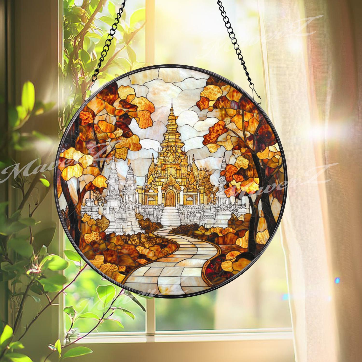 Asian Temple Suncatcher: Autumn Stained Glass Window Decor - Etsy