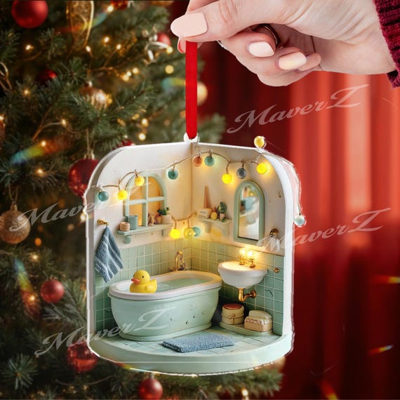Badezimmer Weihnachtsverzierung, niedliches 2D Acryl Mini-Badszene Dekor mit Lichtern & Gummiente, gemütliches Haus Ornament Geschenk