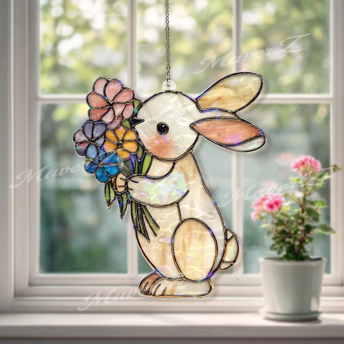 Bunny Acrylic Suncatcher, Cute Rabbit Window Hanging With Flowers ...