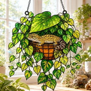 Könnte beinhalten: Ein Buntglas-Suncatcher mit einem gelb-braun gefleckten Leopardgecko, der in einem hängenden Korb ruht. Der Gecko ist von kaskadierenden grünen und gelben herzförmigen Blättern umgeben, auf denen Wassertropfen deutlich zu erkennen sind.