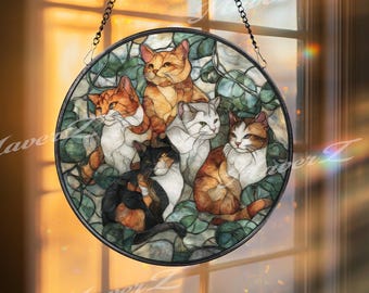 三毛猫のステンドグラス窓飾り - 手作りサンキャッチャー、猫好きへの