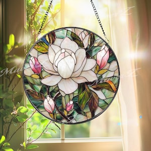 Eleganter Magnolienblüten-Buntglas-Sonnenfänger, weiße und rosa Blumen-Fensterscheibe, Blumengarten-hängendes Geschenk für Sie oder Mutter