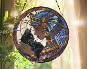 Egyptian Queen Stained Glass Suncatcher, Black Cat Window Art