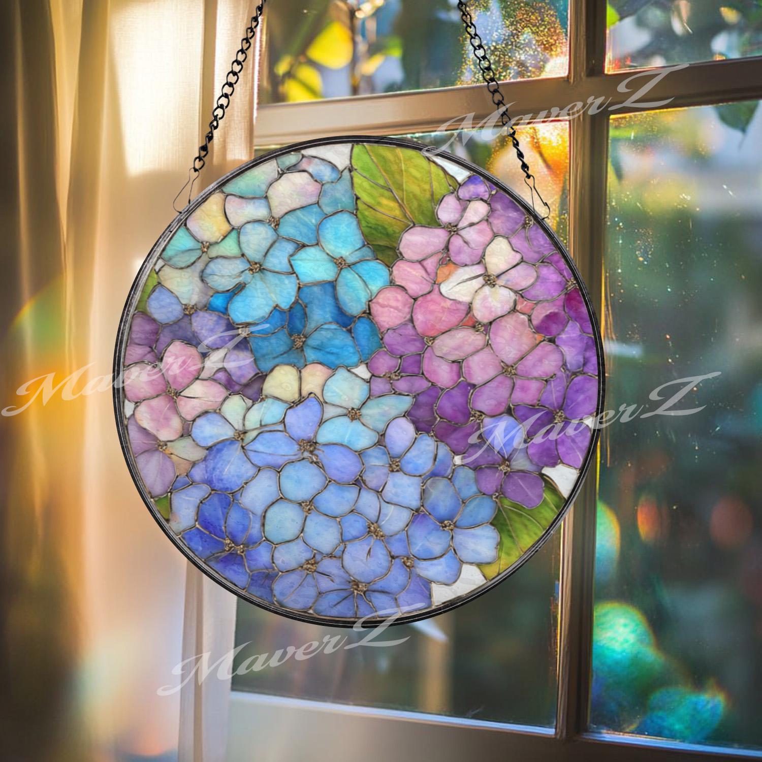 Zollanvari 花柄グラデーション　198×143ｃｍ（カシュクリ） Hydrangea Stained Glass Suncatcher, Round Blue Purple Floral