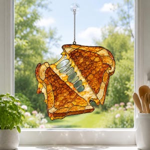 Grillad ostsmörgås i akryl, solfångare för matfönster, köksdekor i målat glas, present till matälskare