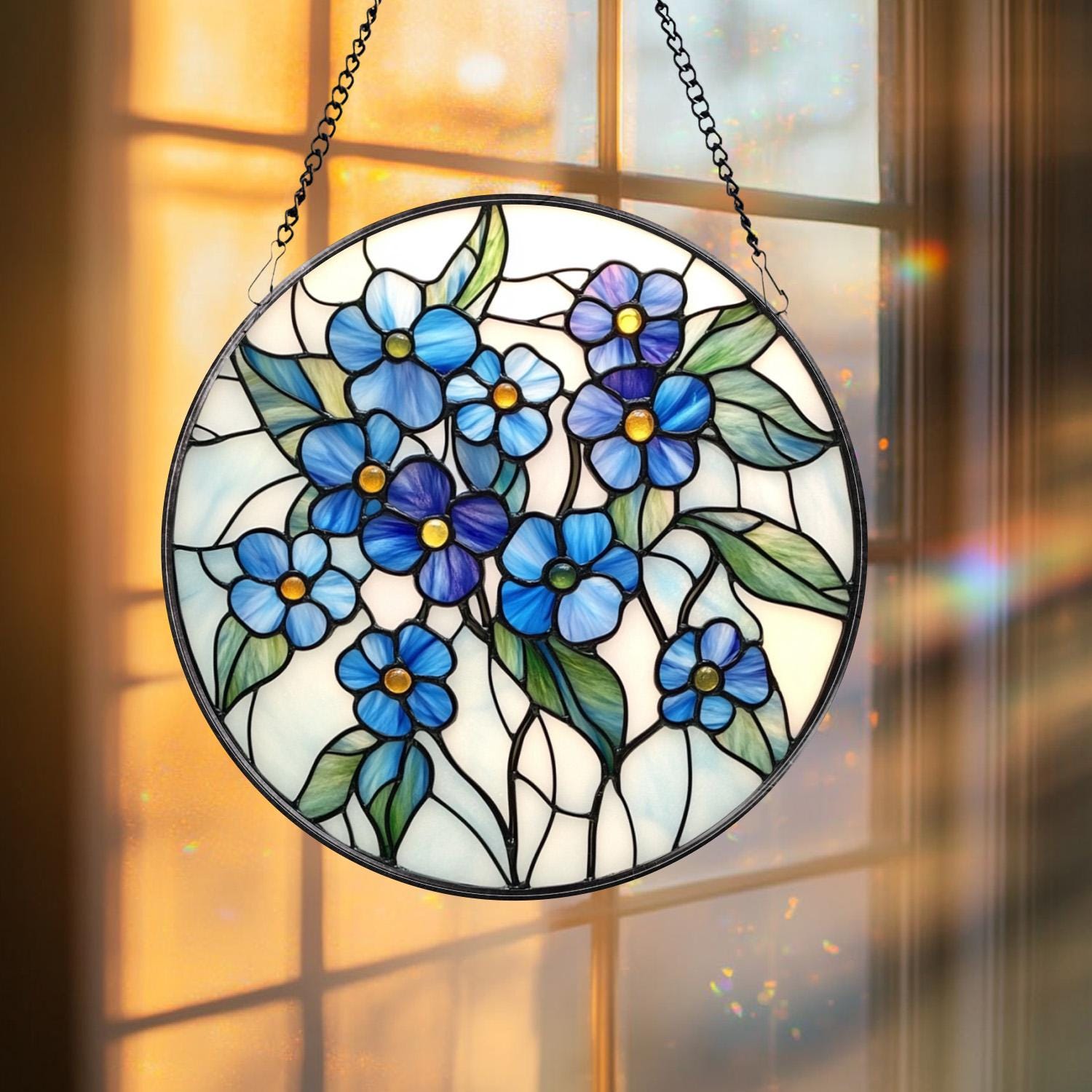 Forget-me-not Stained Glass Suncatcher, Blue Floral Window Hanging