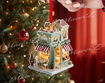 Christmas Bakery Ornament, 2D Cozy Pastry Shop Decor, Snowy Café with Sweets & Lights, Cute Holiday Bakery Store Ornament for Food Lovers