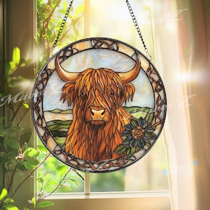 Highland Cow Stained Glass Suncatcher: Rustic Celtic Window Art