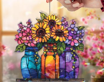 Acchiappasole in acrilico con girasoli in barattolo di vetro, decorazione floreale colorata in stile vetrata per finestre, idea regalo per la casa con motivi floreali luminosi.