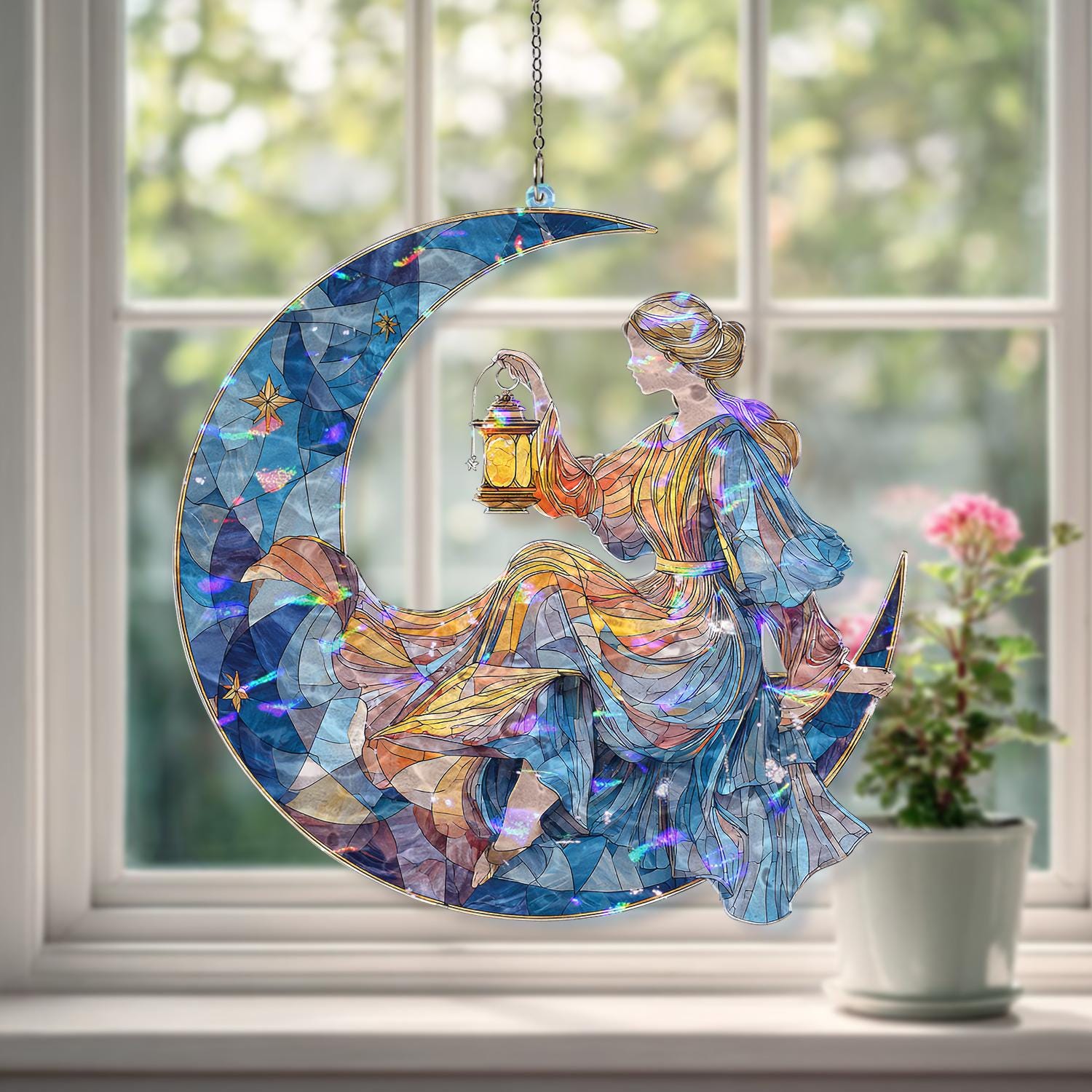 Moon Lady Acrylic Suncatcher, Stained Glass Style Woman With