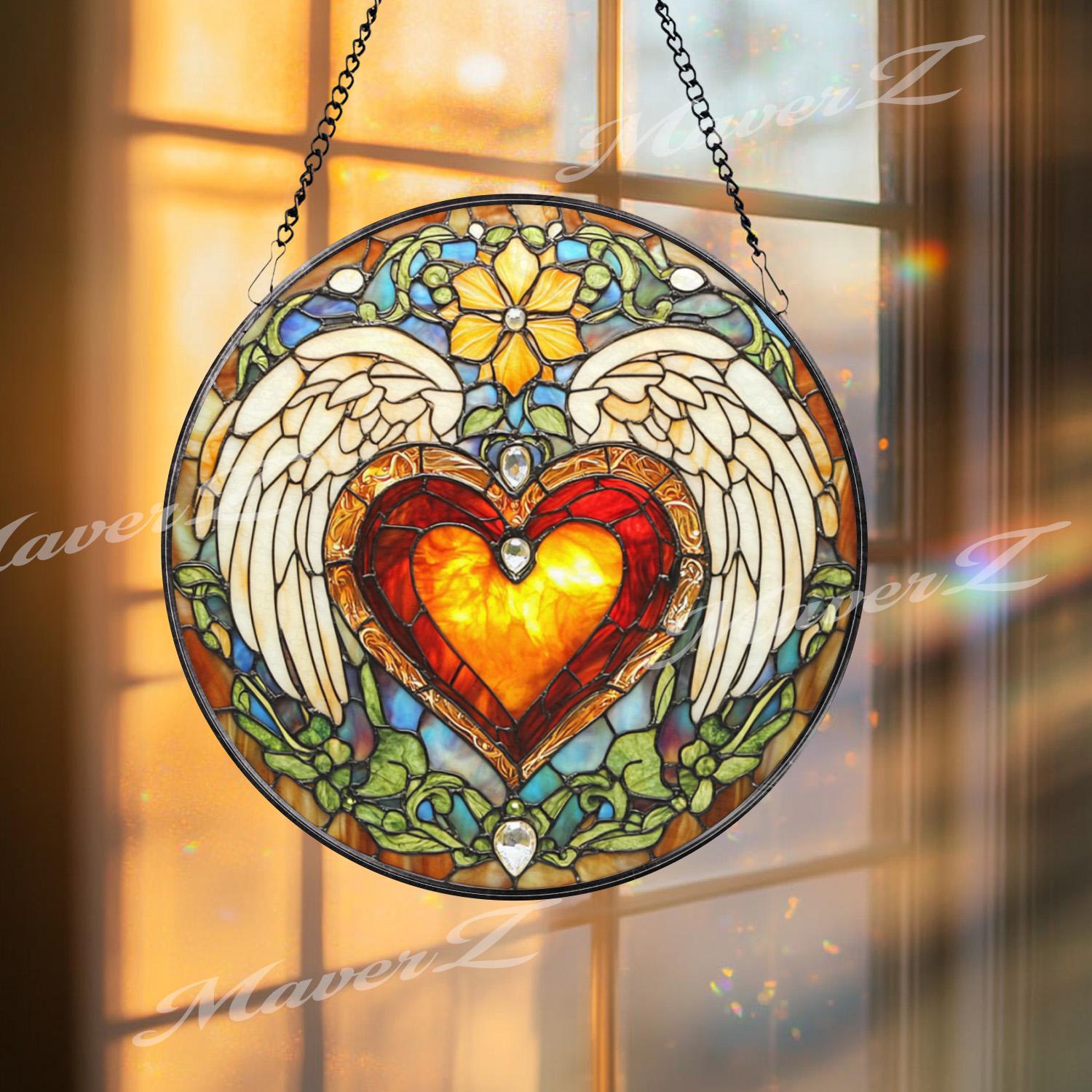 Angel Heart Stained Glass Suncatcher, Winged Love Window Hanging