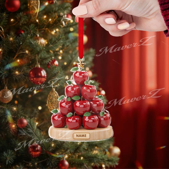 Apple Christmas Tree Ornament, Red Apple Holiday Decor With Custom