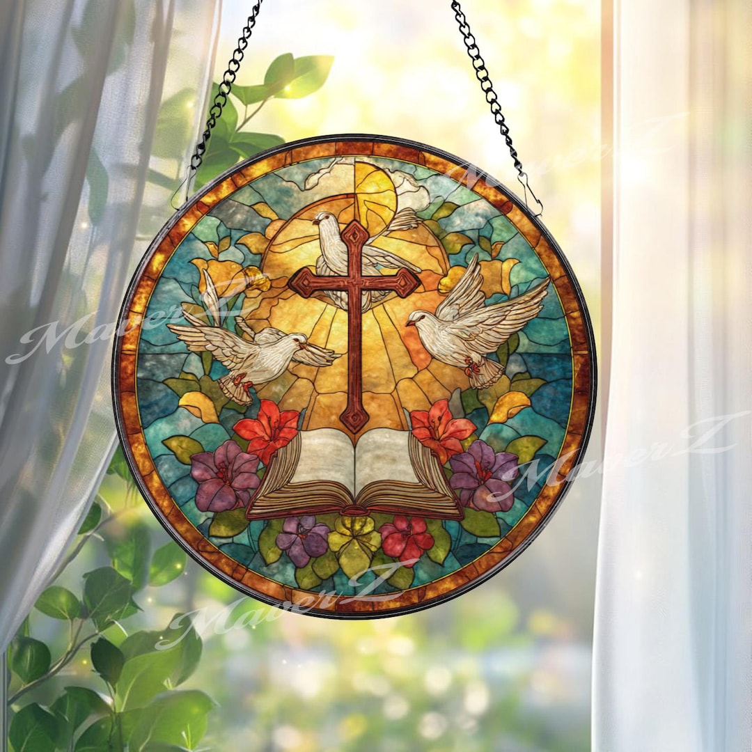 Bible Cross Dove Stained Glass Suncatcher, Round Christian Window Panel ...
