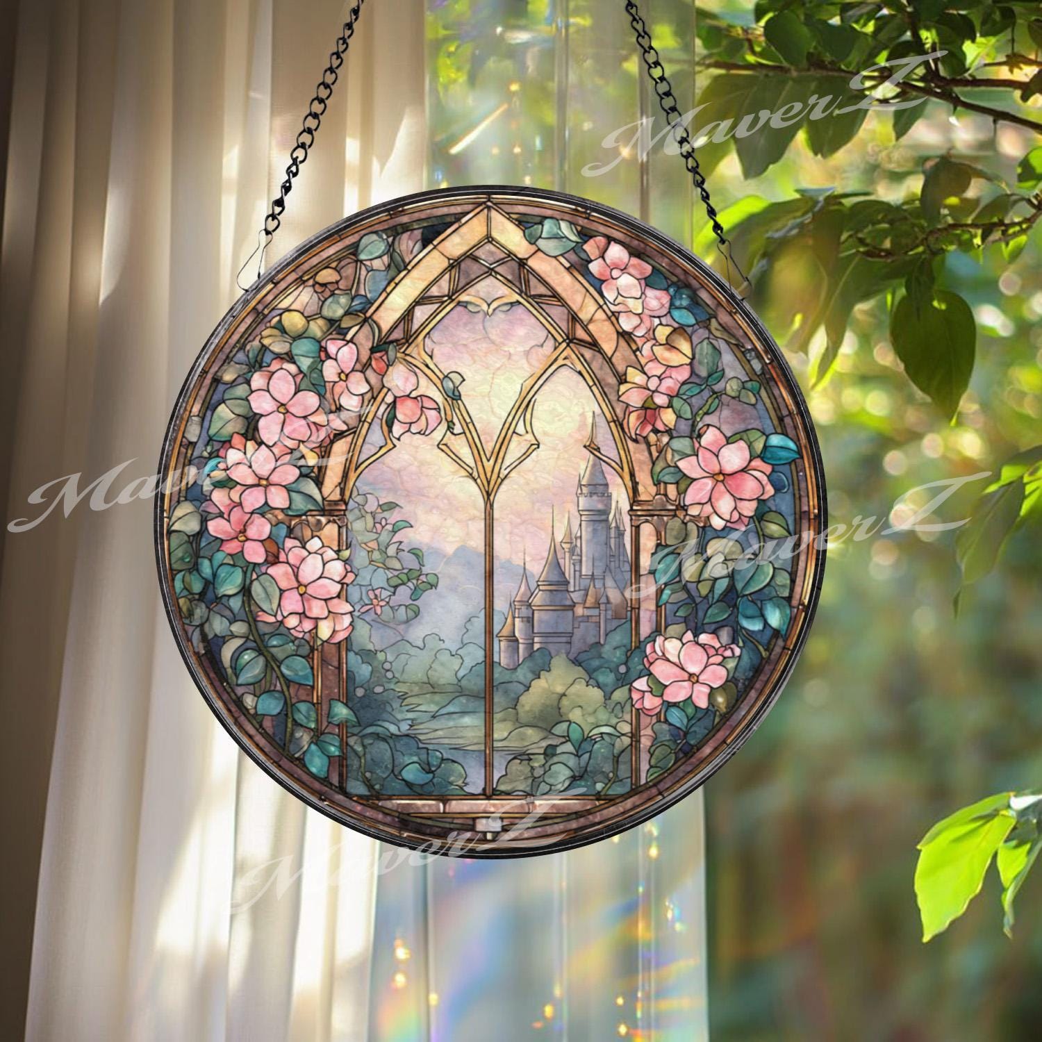 Castle Window Stained Glass Suncatcher – Round Floral Fantasy