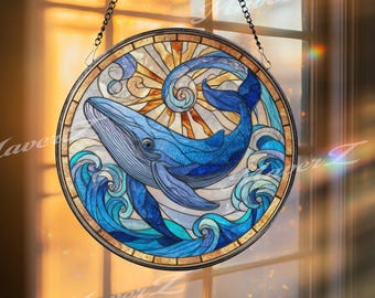 Blue Whale Stained Glass Suncatcher, Round Ocean Waves and Sun