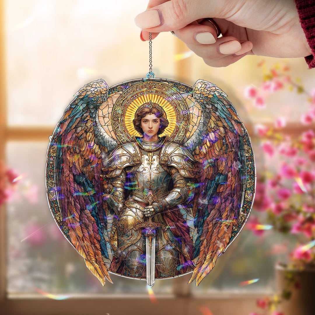 Archangel Warrior Acrylic Suncatcher, Stained Glass Style Guardian