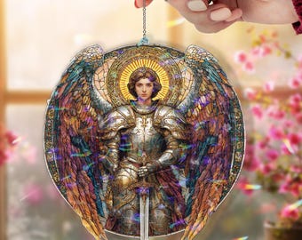 Archangel Warrior Acrylic Suncatcher, Stained Glass Style Guardian Angel with Sword and Halo, Religious Christian Window Hanging Decor