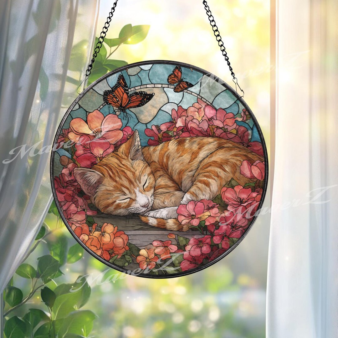 Sleeping Orange Cat Stained Glass Suncatcher, Floral Window Hanging ...