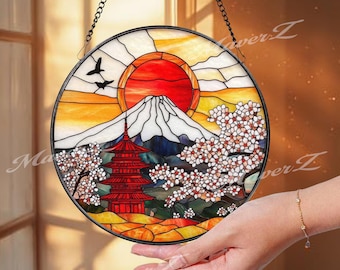 Japanese Pagoda Suncatcher: Stained Glass Mount Fuji, Sakura
