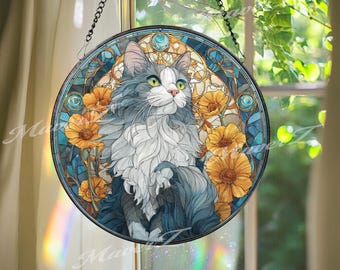 May include: A round stained glass window featuring a cat with blue and white fur, yellow eyes, and surrounded by yellow flowers. The background has blue and gold accents. The window is hanging by a chain.