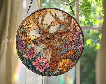 Deer Stained Glass Suncatcher: Buck in Wildflowers Window Hanging