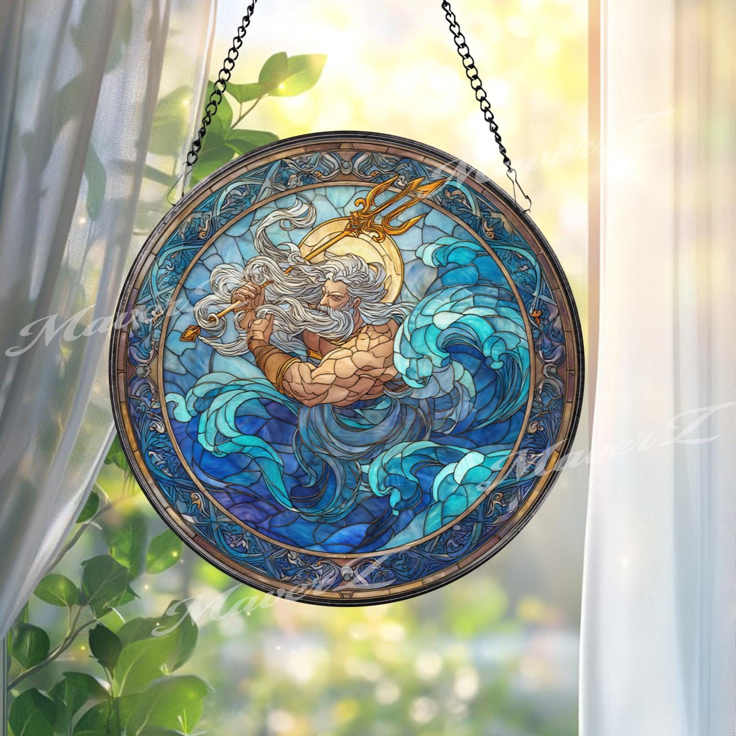 Poseidon Stained Glass Suncatcher, Round Greek God of Sea Window