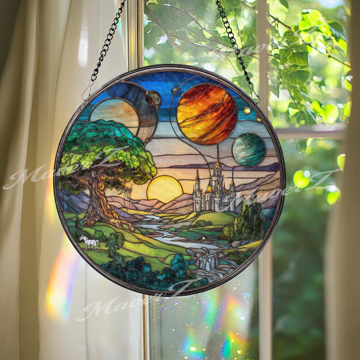 Fantasy Castle Stained Glass Suncatcher, Celestial Landscape