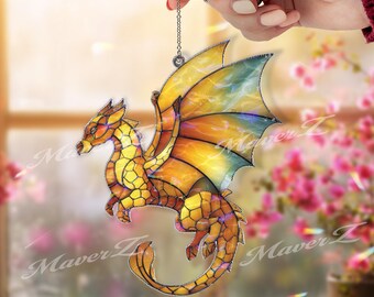 Golden Dragon Acrylic Suncatcher, Fantasy Dragon Window Hanging, Mythical Sun Catcher, Dragon Art Decor, Gift for Dragon Lovers