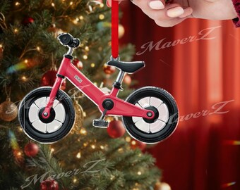 Red Kids Bike Ornament, Cute 2D Acrylic Bicycle Decor, Children’s Balance Bike Christmas Ornament, Gift for Little Cyclists & Parents