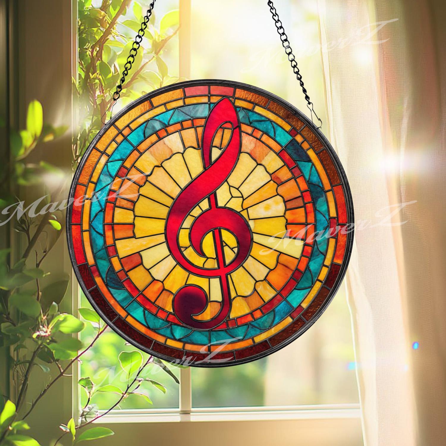 Treble Clef Stained Glass Suncatcher, Round Music Note Window