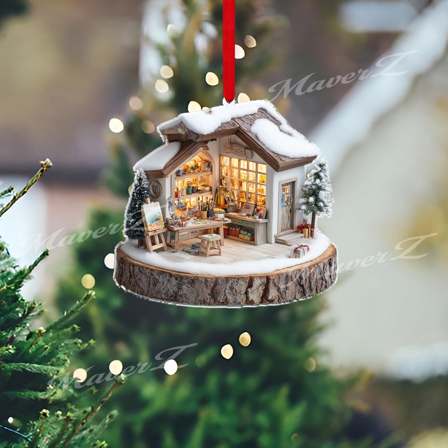 36 Creative Christmas Decor Ideas to Transform Your Space: Festive Hacks You'll Love 3 Artist Cabin Christmas Ornament, Cozy Winter Studio Decor, 2D…