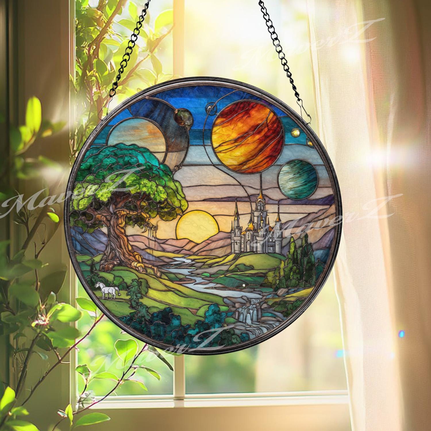 Fantasy Castle Stained Glass Suncatcher, Celestial Landscape