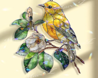 Yellow Bird Acrylic Suncatcher, Songbird on Branch with White Flower Window Hanging, Nature Inspired Stained Glass Style Home Decor Gift