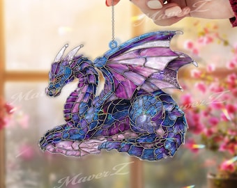 Purple Dragon Acrylic Suncatcher, Fantasy Stained Glass Style Window Decor, Mythical Creature Wall Art Gift for Dragon Lovers