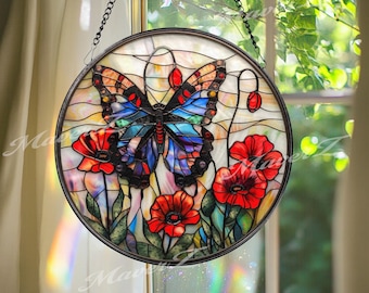 Butterfly & Red Poppy Suncatcher: Floral Stained Glass Window Decor