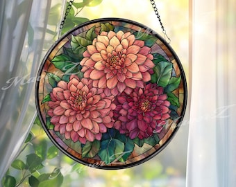 Dahlia Stained Glass Suncatcher, Round Floral Window Panel With