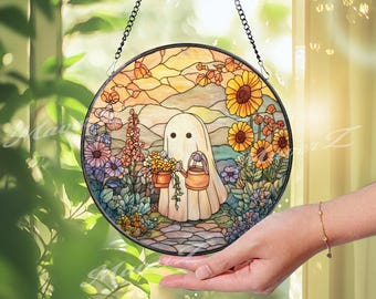 Cute Ghost Stained Glass Suncatcher, Round Floral Ghost Window Panel, Whimsical Halloween Decor, Spooky Cottagecore Gift