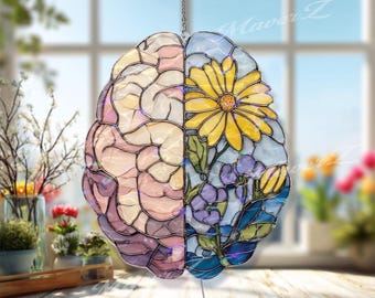Atrapasueños acrílico con forma de flor de cerebro, colgante de ventana con forma de cerebro floral estilo vitral, decoración con arte psicológico.