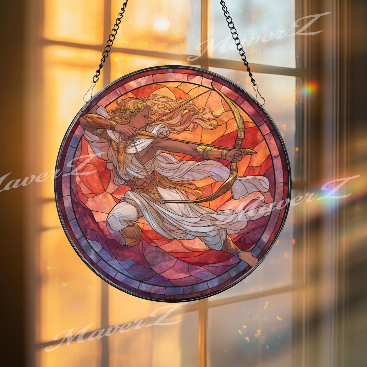 Greek Goddess Archer Stained Glass Suncatcher, Round Mythological