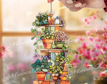 Cats Plant Shelf Acrylic Suncatcher, Cozy Cat Window Hanging, Botanical Cat Sun Catcher, Plant Lover Decor, Cute Home Gift