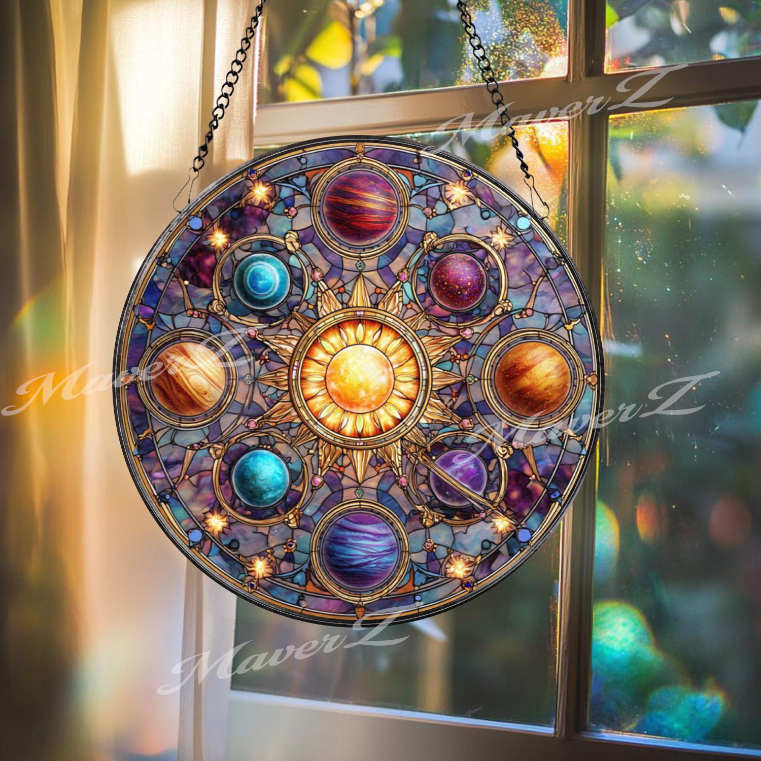 Solar System Stained Glass Suncatcher, Round Planet Window Panel