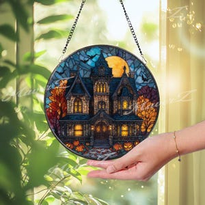 Haunted House Halloween Stained Glass Suncatcher, Spooky Gothic Window Decor, Glowing Pumpkin Moon Scene Art Panel