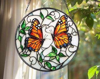 Monarch Butterfly Stained Glass Suncatcher, Custom Butterfly Artwork, Gift for Mom, Insect Window Decor, Stained Glass Window Hanging