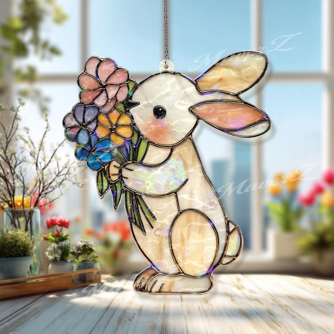 Bunny Acrylic Suncatcher, Cute Rabbit Window Hanging With Flowers ...