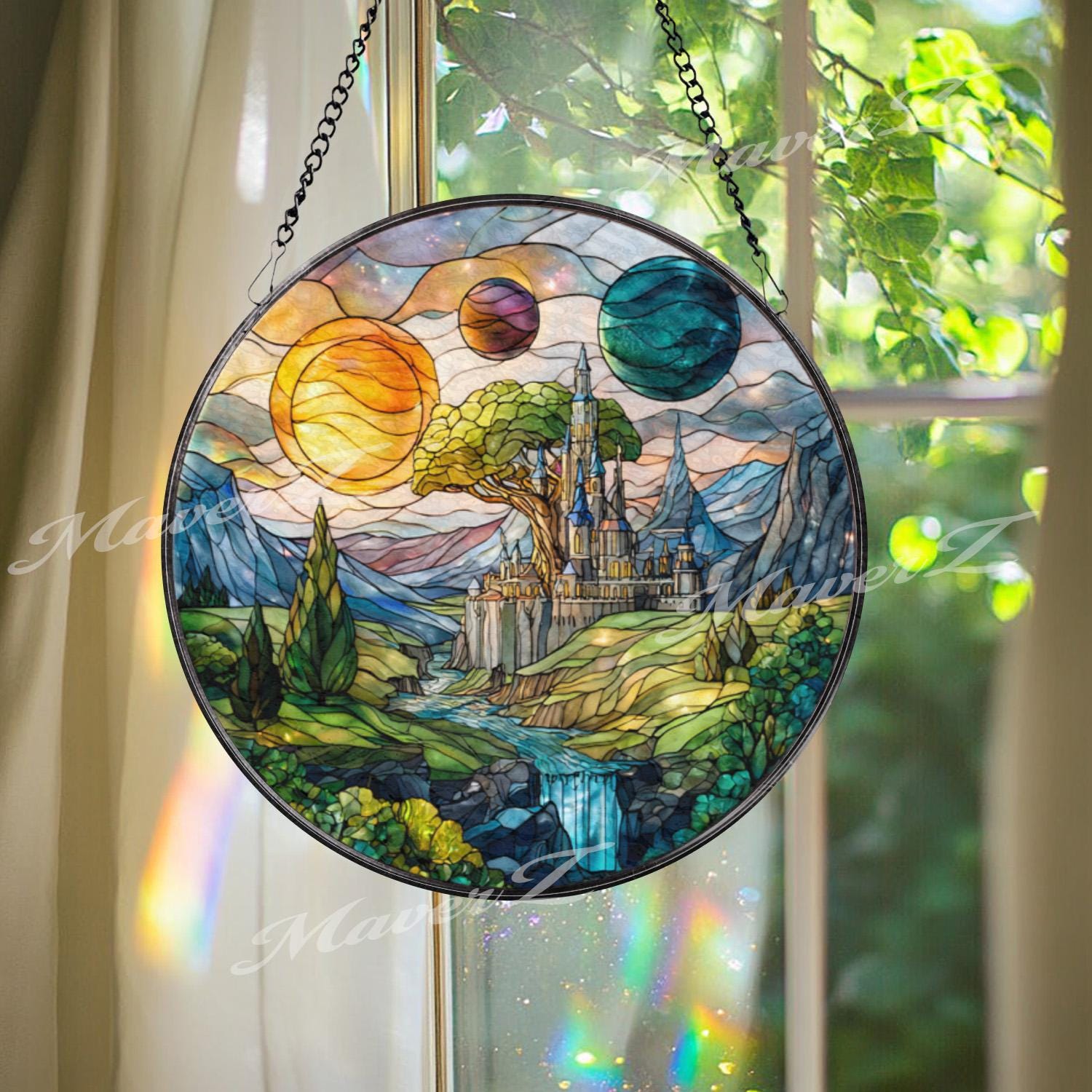 Fantasy Castle Stained Glass Suncatcher, Round Galaxy Window